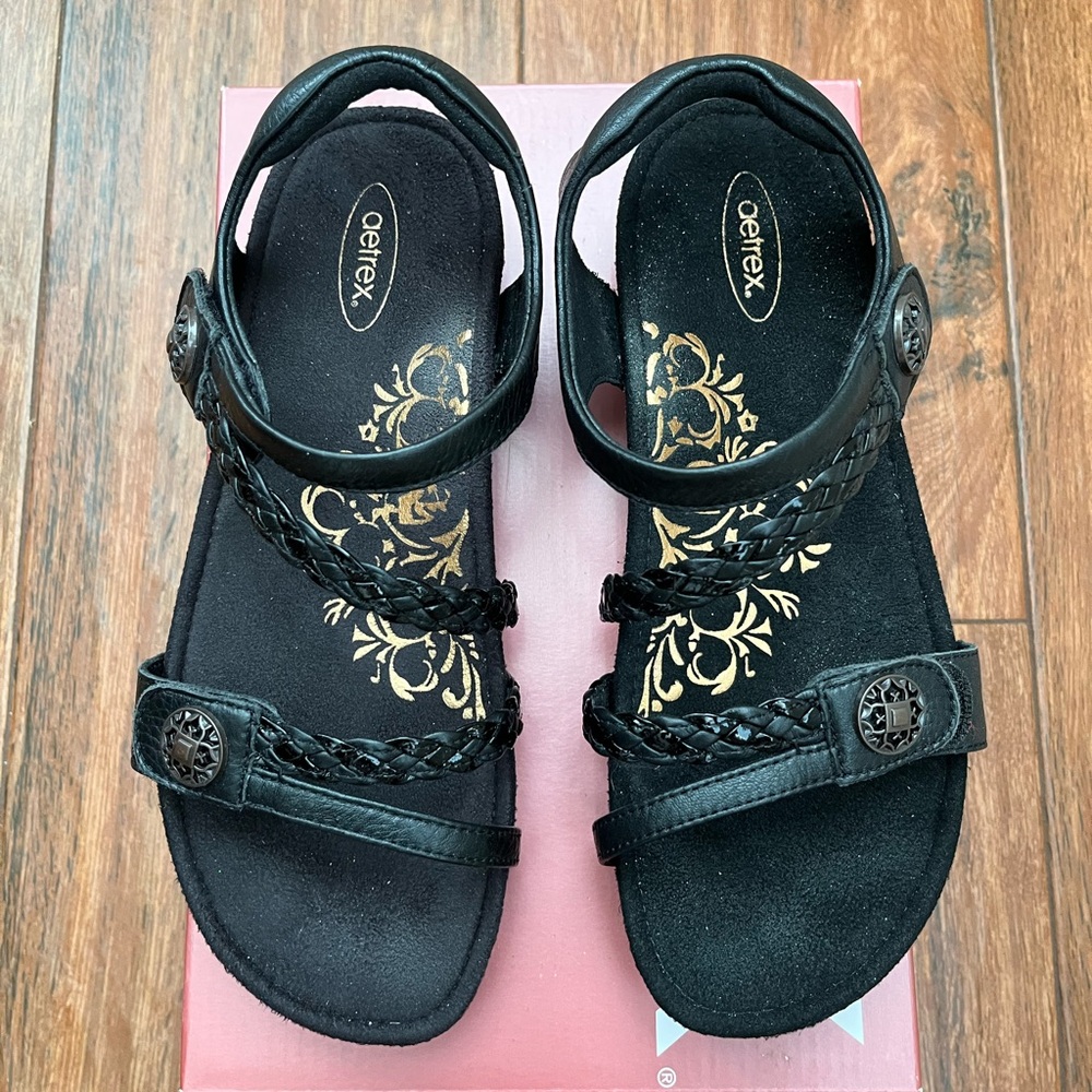 Aetrex Jillian Braided Quarter Strap Sandal, 8.5, in Black